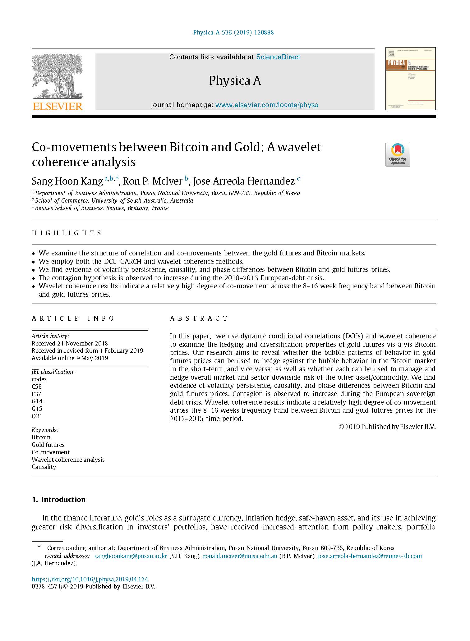 부산대학교 - [대학중점연구소](SCI)(2019.05) Co-movements between Bitcoin and Gold: A  wavelet coherence analysis